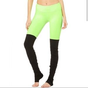 ALO Neon Green Dark Grey Goddess Ruched Leg Leggings S
